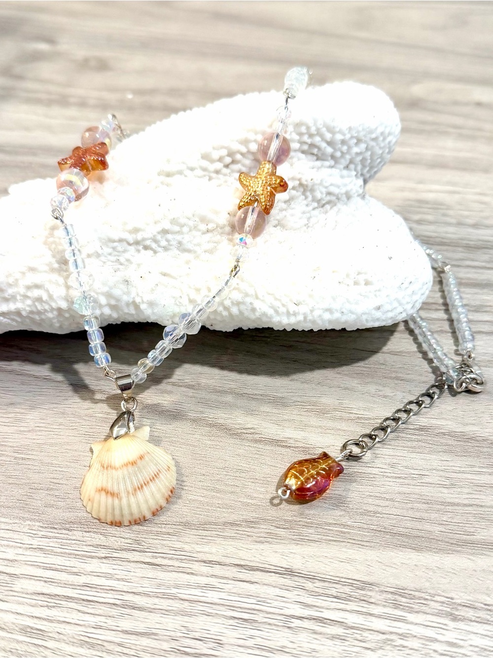 133. Seashell & Starfish Beaded Necklace with extension and iridescent beads